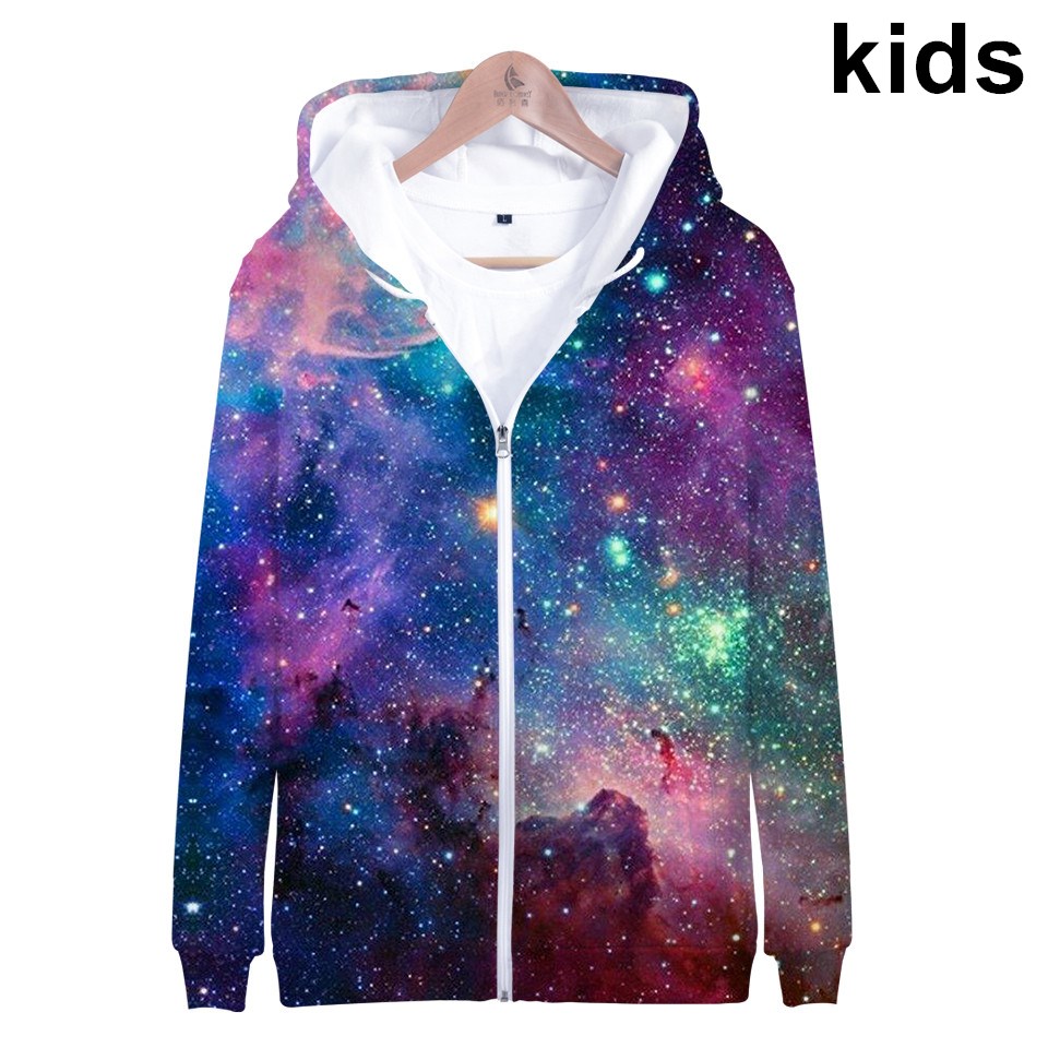 Street Fashion Zip Up Hoodie - เสื้อฮู้ดลายดวงดาวอวกาศกาแล็กซีสำหรับเด็กชายและเด็กหญิง เสื้อสเวตเตอร์พิมพ์ลาย 3 มิติ ลายเนบิวล่าสีสันสดใส เสื้อผ้าแฟชั่นผู้ชายแบบมีซิป
