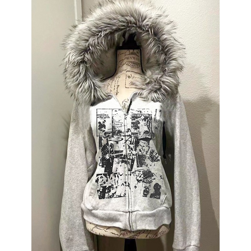 Street Fashion Zip Up Hoodie - สีเทาFaux Furขนสัตว์คู่ซิปเสื้อHoodiesผู้หญิงSlimเอวHooded Vintage Y2kเสื้อRopa Mujer Casualแฟชั่นSweatshirt