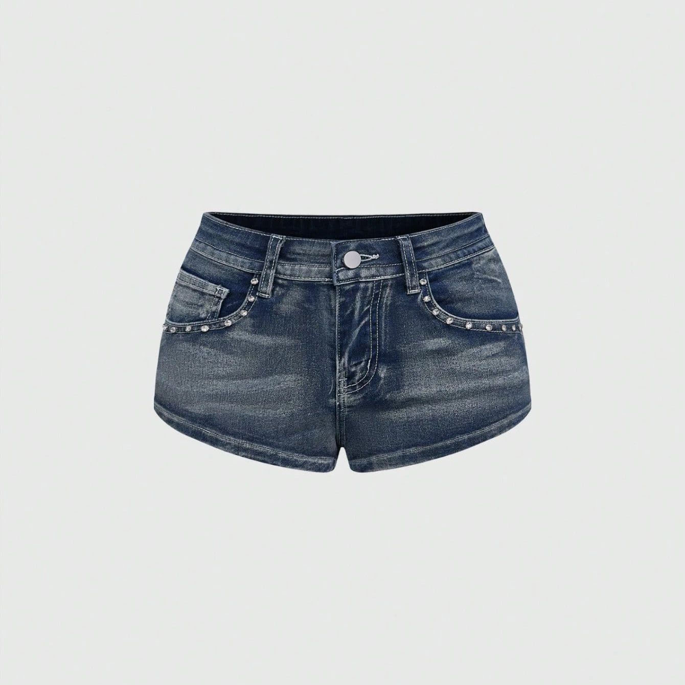 Street Fashion Denim - กางเกงยีนส์ขาสั้นปักลายเพชรสำหรับฤดูร้อน สไตล์อเมริกันลำลอง แฟชั่นย้อนยุค สีน้ำเงิน ทรงไฮสตรีท เอวสูง