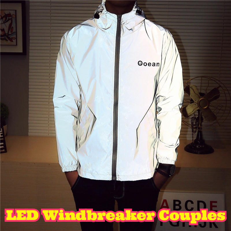 Reflective Jacket Running - เสื้อกันลมแบบมีไฟ LED สำหรับคู่รัก เสื้อแจ็คเก็ตสะท้อนแสงสำหรับปั่นจักรยาน ชุดกีฬาวิ่งกลางคืน เสื้อผ้ากันฝนเพื่อความปลอดภัยกลางแจ้งสำหรับเขาและเธอ