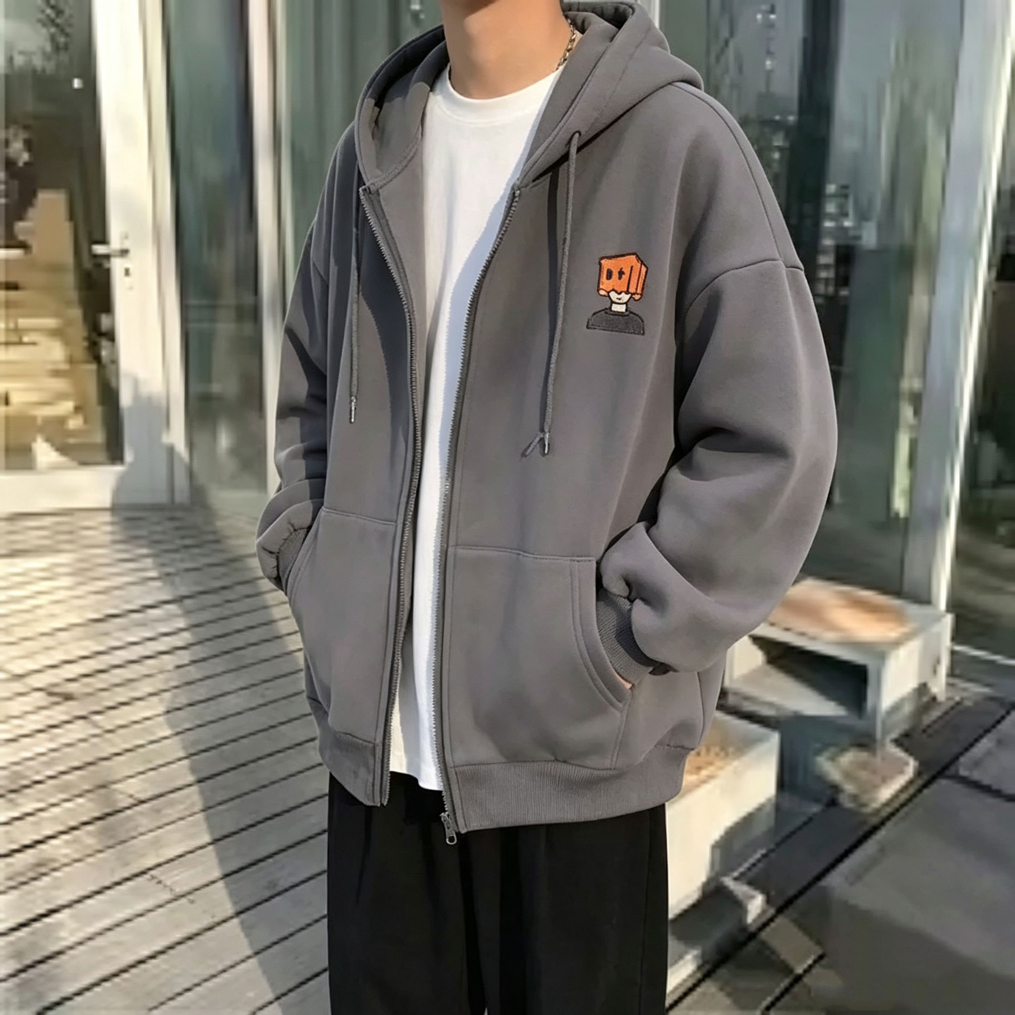 Street Fashion Zip Up Hoodie - เสื้อฮู้ดดี้ผู้ชายสไตล์สตรีท สีพื้น ซิปหน้า แขนยาว ทรงหลวม เสื้อแจ็คเก็ตโค้ทลำลอง