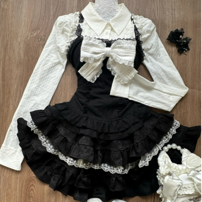 Street Fashion Harajuku - Y2kความงามLolitaสไตล์ 3 ชิ้นชุดผู้หญิงKawaiiสีขาวเสื้อลูกไม้เสื้อกั๊กRuffleกระโปรงมินิญี่ปุ่นแฟชั่นGothicชุดกระโปรง