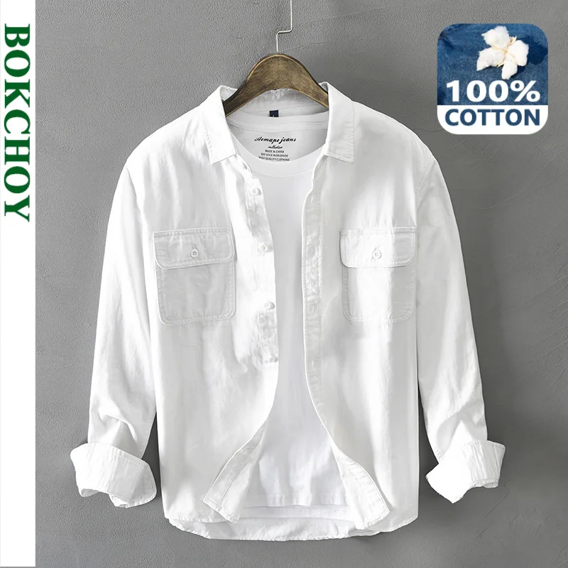 Street Fashion Clothing - ฤดูใบไม้ผลิและฤดูใบไม้ร่วงแขนยาวสีขาวเสื้อสําหรับชายเสื้อผ้าผ้าฝ้ายสไตล์ Retro ปุ่มกระเป๋า Streetwear AZ102