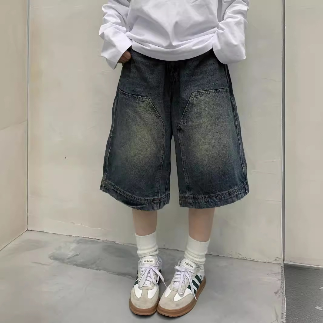 Street Fashion Denim - กางเกงยีนส์ขาสั้นทรงหลวมสไตล์วินเทจ Y2K สำหรับผู้หญิง กางเกงคาปรีขากว้างทรงลำลอง กางเกงยีนส์ทรงบาร์เรล กางเกงยีนส์ขาสั้นทรงโอเวอร์ไซส์สำหรับผู้ชาย