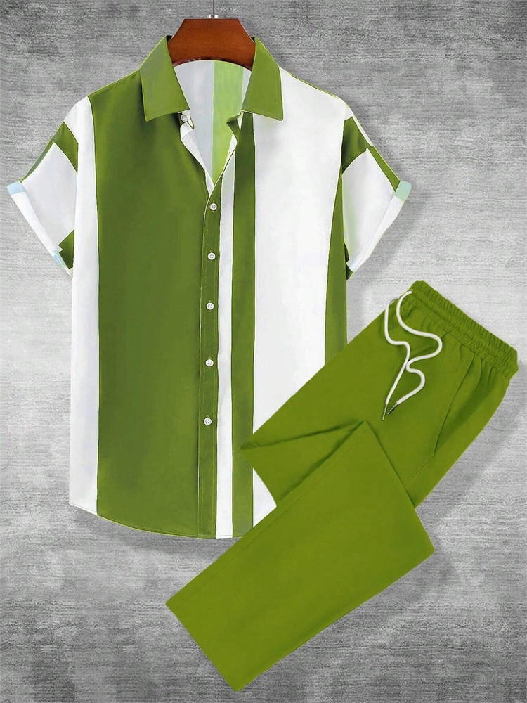 Street Fashion Trend 2025 - ชุดเสื้อผ้าผู้ชายลายทางพิมพ์ลายสามมิติแบบเรียบง่ายสำหรับฤดูใบไม้ร่วงปี 2025 แฟชั่นสตรีทสไตล์เมือง ชุดเซ็ต 2 ชิ้น