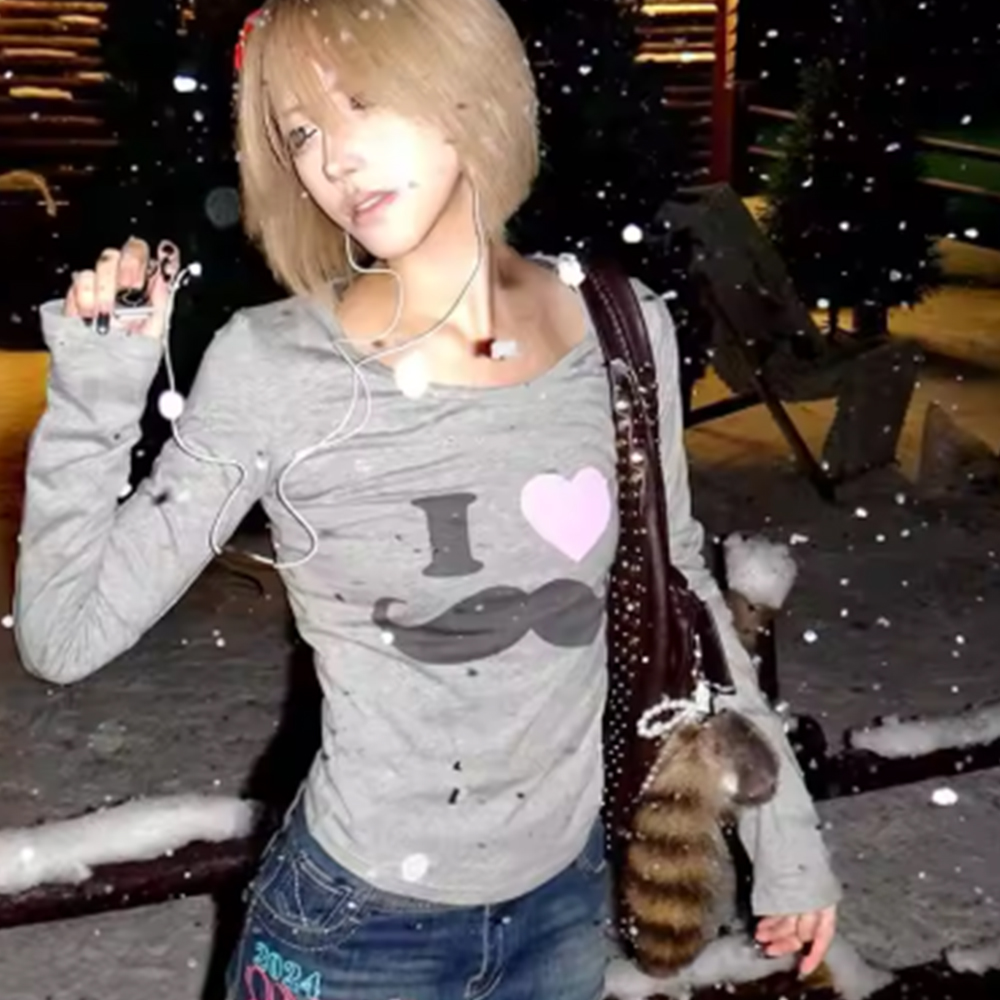 Street Fashion Harajuku - เสื้อยืดพิมพ์ลายเคราสไตล์ Y2K ญี่ปุ่น วินเทจ ฮาราจูกุ แขนยาว