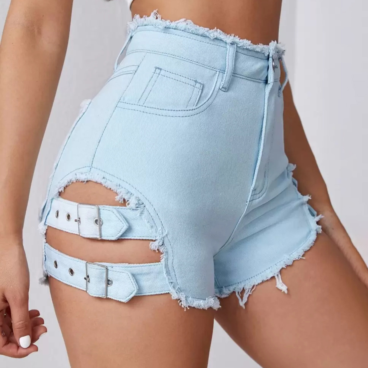 Street Fashion Denim - กางเกงยีนส์ขาสั้นเอวสูงสำหรับผู้หญิง แต่งขอบขาดๆ สไตล์ลำลองสำหรับฤดูร้อน ทรงเอ ผ่าข้าง ขอบดิบ