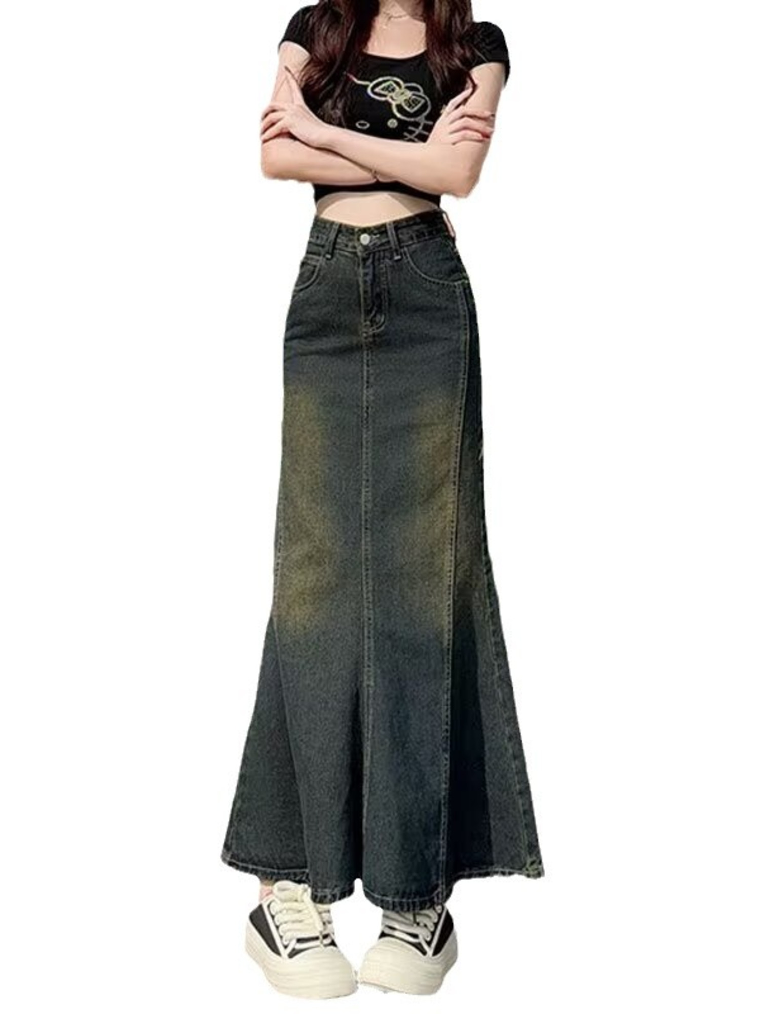 Street Fashion Denim - กระโปรงยีนส์ทรงเมอร์เมดวินเทจสำหรับผู้หญิง เอวสูง ไล่เฉดสี ปลายกระโปรงทรงหางปลา สีดำเทา
