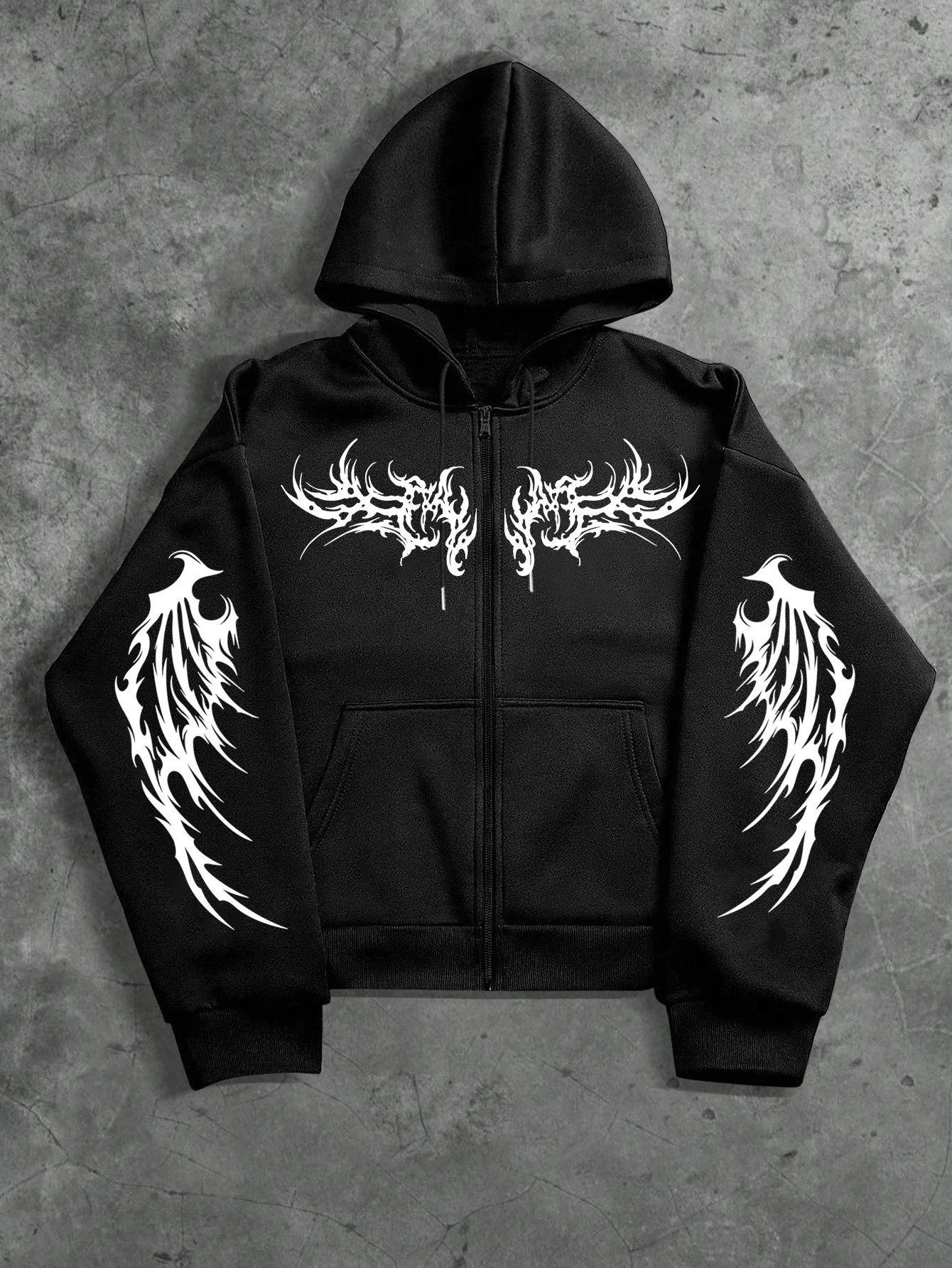 Street Fashion Zip Up Hoodie - เสื้อฮู้ดดี้ผู้ชายแบบซิปยาว แขนยาว ทรงหลวม พิมพ์ลายปีก เสื้อโค้ทลำลอง เสื้อฮู้ดดี้แฟชั่น