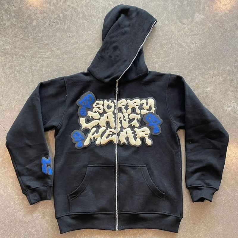 Street Fashion Zip Up Hoodie - อเมริกัน Retro Star และ Letter พิมพ์