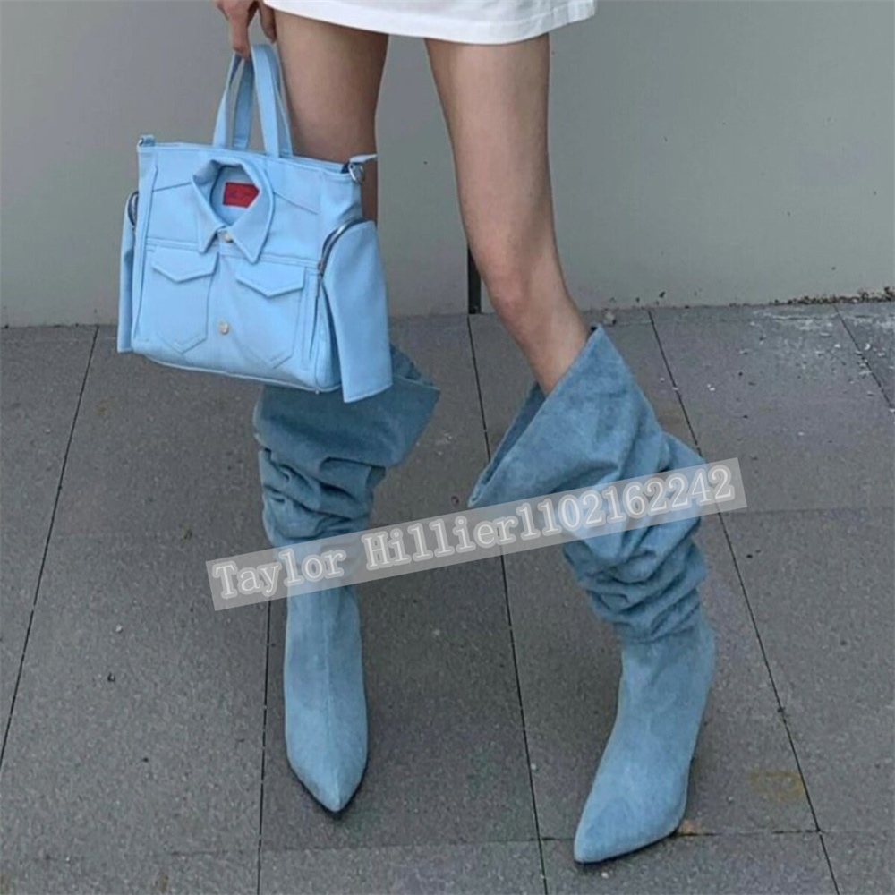 Street Fashion Denim - รองเท้าส้นสูงทรงสลัชสีน้ำเงินเดนิมสำหรับฤดูใบไม้ผลิ รองเท้าบูทหัวแหลมแฟชั่นสำหรับงานปาร์ตี้และรันเวย์ รองเท้าผู้หญิงไซส์ 46
