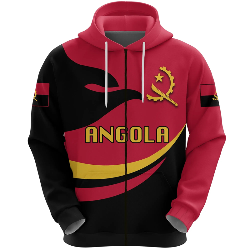 Street Fashion Zip Up Hoodie - เสื้อโค้ทมีฮู้ดติดซิปลำลองแฟชั่นแบบสตรีทผู้ชายผู้หญิงพิมพ์ลายแผนที่ประเทศแอฟริกากราฟิกตราสัญลักษณ์ประจำชาติของแองโกลา3D