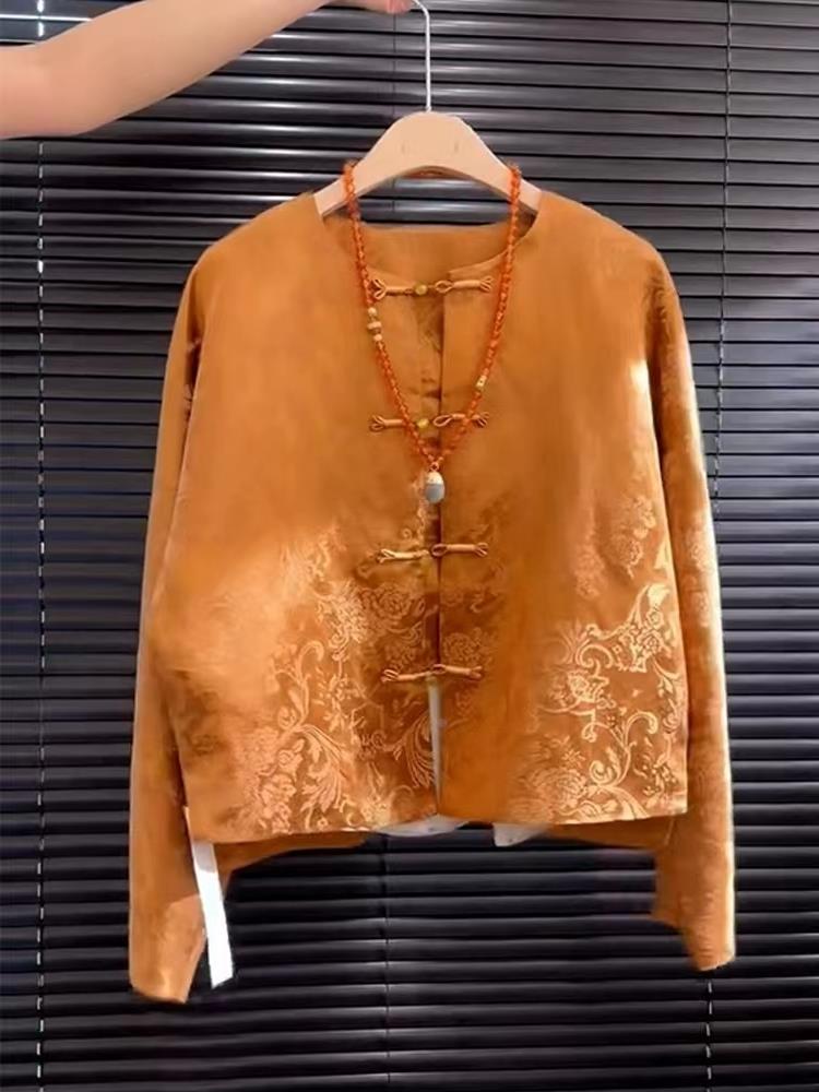 Street Fashion In Chinese - เสื้อซงจินปักลายดอกไม้สีส้มผ้าซาตินคุณภาพสูง สไตล์จีน แฟชั่นสตรีท ฮั่นฝูทรงตรง ความยาวปกติ