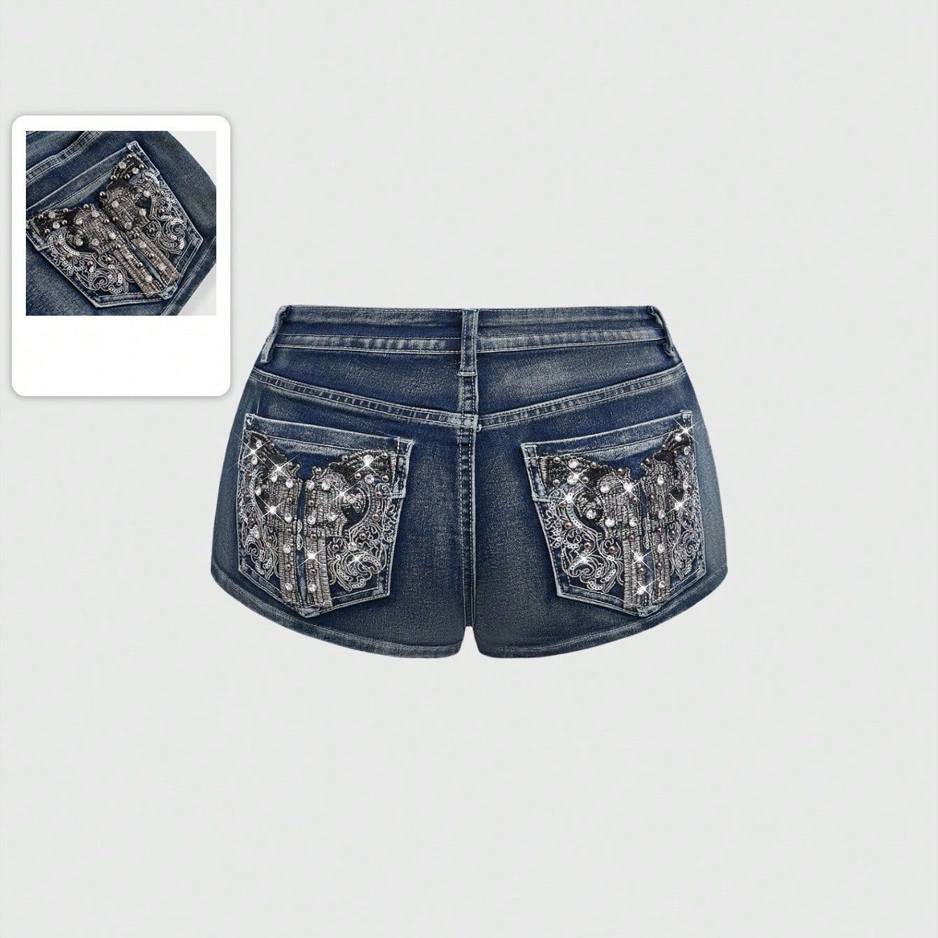 กางเกงยีนส์ขาสั้นปักลายเพชรสำห - Street Fashion Denim บทวิจารณ์และราคา