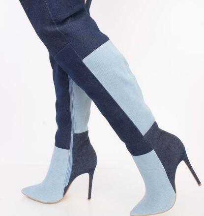 รองเท้าบูทเดนิมสองสีแบบยาวเหนื - Street Fashion Denim บทวิจารณ์และราคา