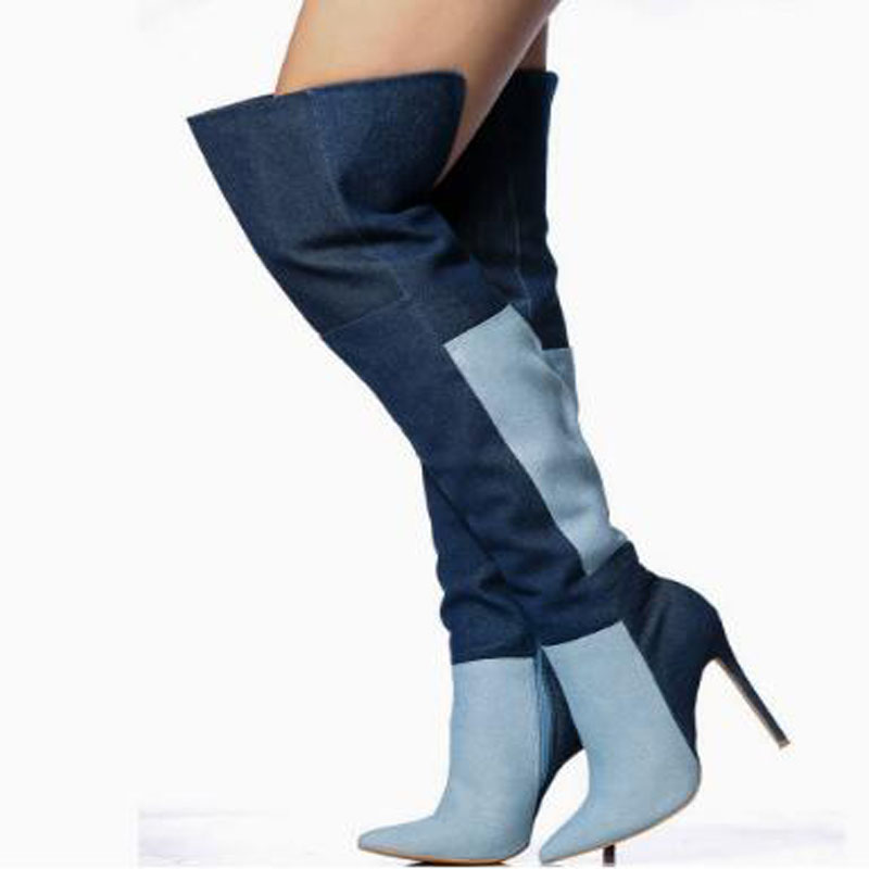 รองเท้าบูทเดนิมสองสีแบบยาวเหนื - Street Fashion Denim บทวิจารณ์และราคา