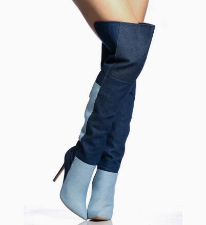 รองเท้าบูทเดนิมสองสีแบบยาวเหนื - Street Fashion Denim บทวิจารณ์และราคา