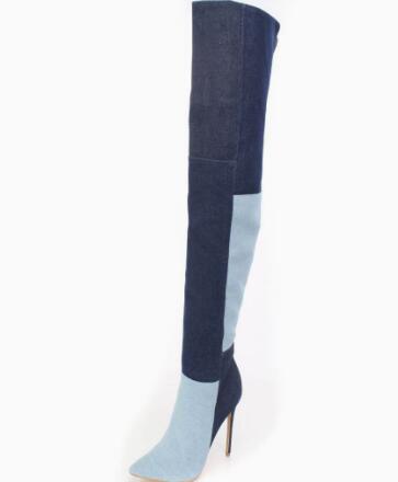 รองเท้าบูทเดนิมสองสีแบบยาวเหนื - Street Fashion Denim บทวิจารณ์และราคา