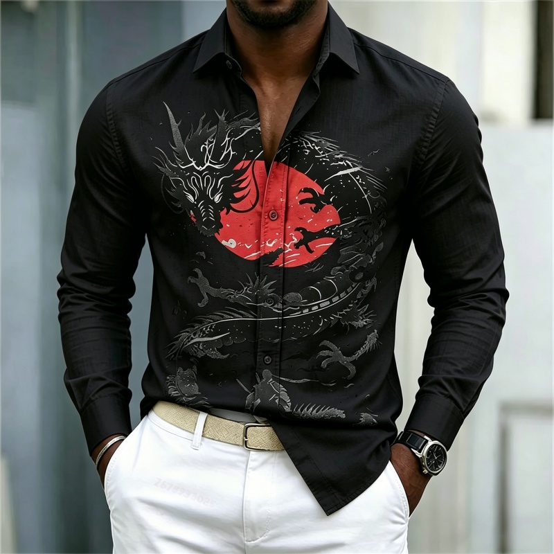 เสื้อเชิ้ตผู้ชายลายมังกรสีขาวด - Street Fashion In China บทวิจารณ์และราคา