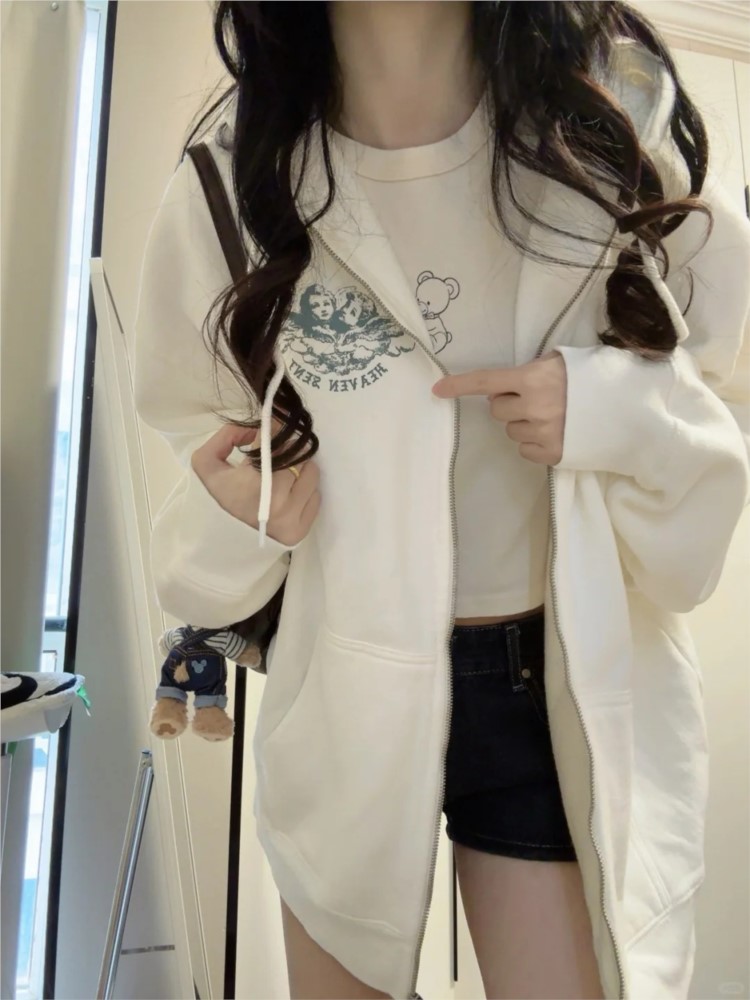เสื้อฮู้ดดี้สีขาวสไตล์วินเทจสำ - Street Fashion Zip Up Hoodie บทวิจารณ์และราคา