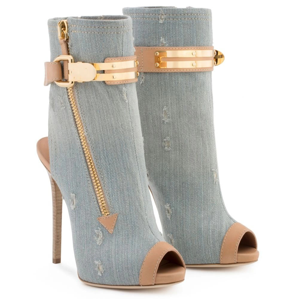 รองเท้าบูทข้อเท้าส้นเข็มแบบเปิ - Street Fashion Denim บทวิจารณ์และราคา