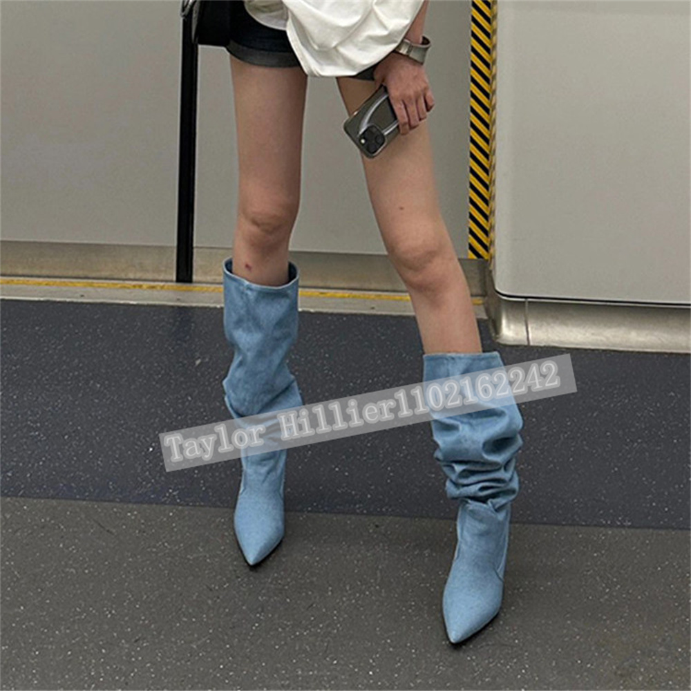 รองเท้าส้นสูงทรงสลัชสีน้ำเงินเ - Street Fashion Denim บทวิจารณ์และราคา