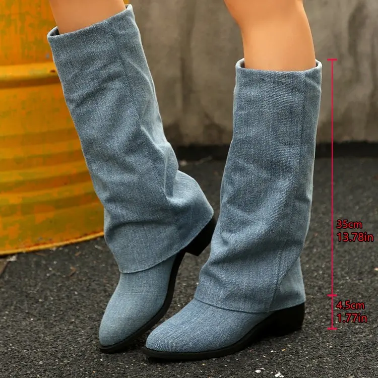 รองเท้าบูทสูงถึงเข่าผู้หญิง แฟ - Street Fashion Denim บทวิจารณ์และราคา